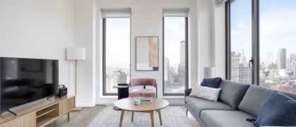 A furnished, two-bedroom apartment by Blueground at The Axel in Clinton Hill